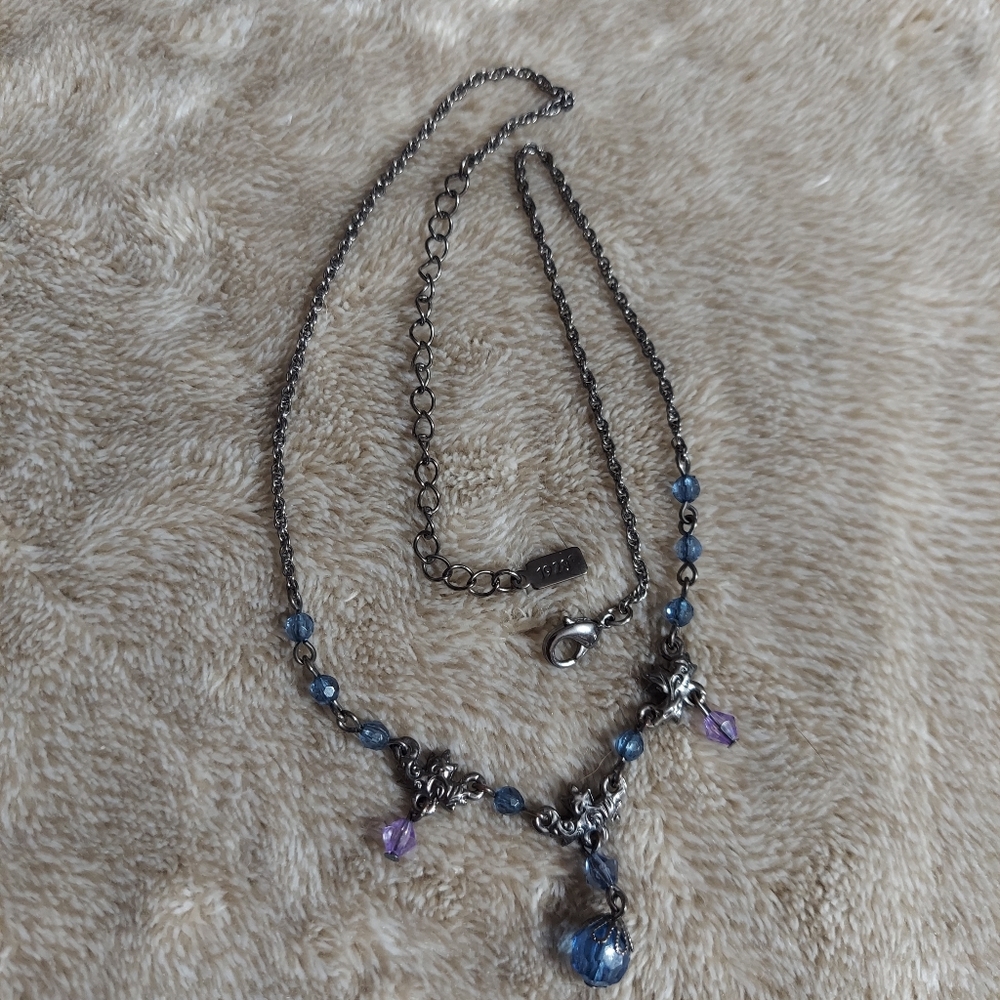 '1928' Textured Gun Metal Black/Faceted Blue & Purple Crystal Floret Necklace - Picture 7 of 8